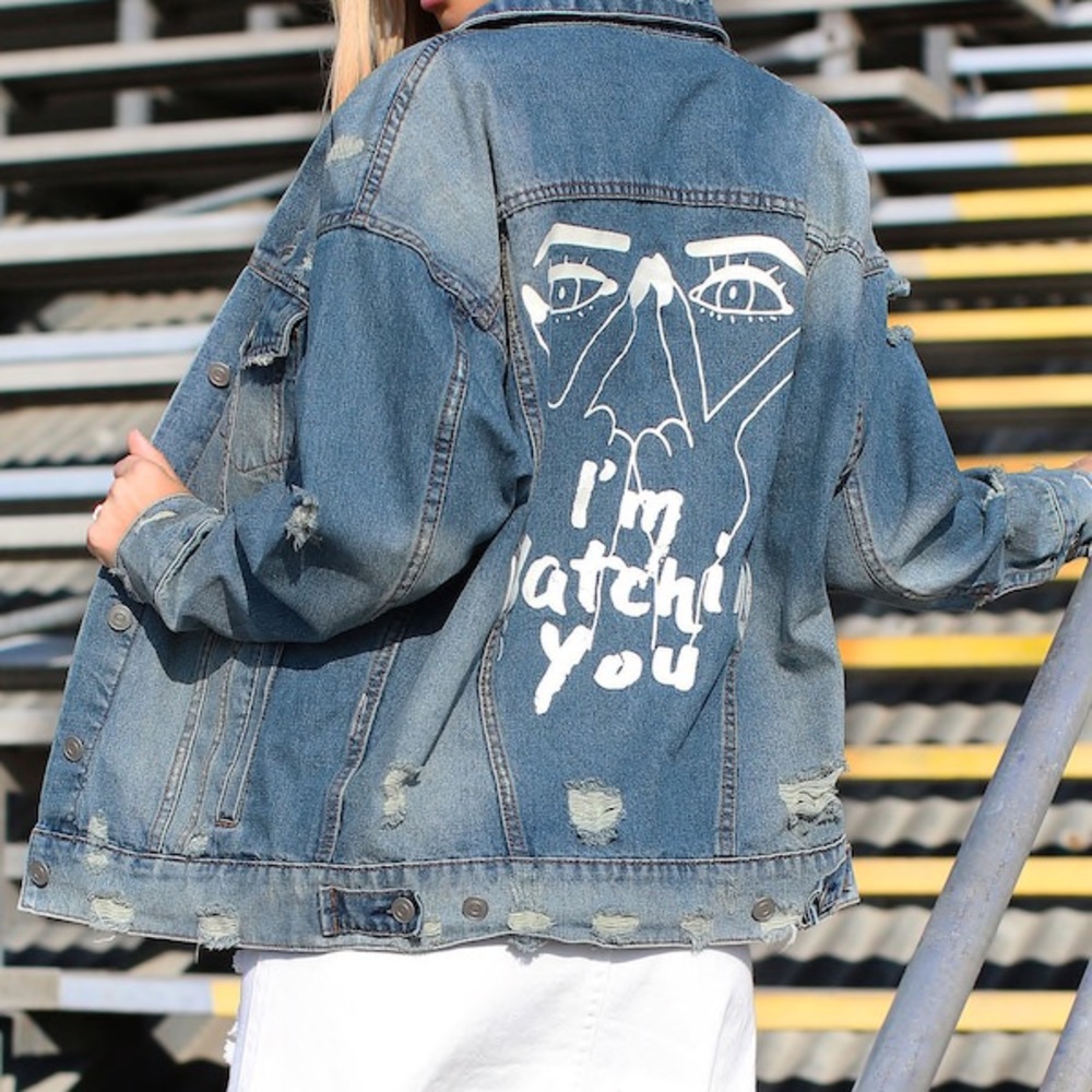 Im Watching You Distressed Denim Jacket DENIM